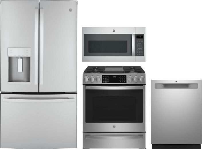 GE 4 Piece Kitchen Appliances Package with French Door Refrigerator, Gas Range, Dishwasher and Over the Range Microwave in Stainless Steel GERERADWMW1