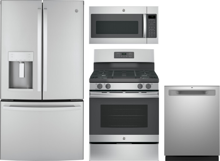 GE 4 Piece Kitchen Appliances Package with French Door Refrigerator, Gas Range, Dishwasher and Over the Range Microwave in Stainless Steel GERERADWMW1