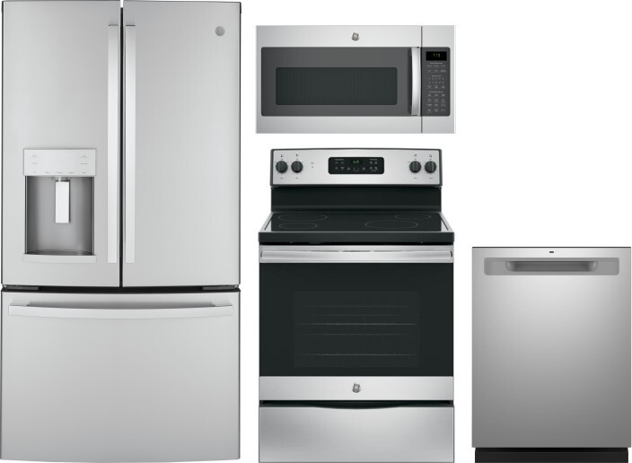 GE 4 Piece Kitchen Appliances Package with French Door Refrigerator, Electric Range, Dishwasher and Over the Range Microwave in Stainless Steel GERERA