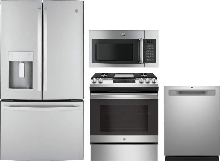 GE 4 Piece Kitchen Appliances Package with French Door Refrigerator, Gas Range, Dishwasher and Over the Range Microwave in Stainless Steel GERERADWMW1
