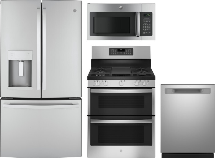 GE 4 Piece Kitchen Appliances Package with French Door Refrigerator, Gas Range, Dishwasher and Over the Range Microwave in Stainless Steel GERERADWMW1