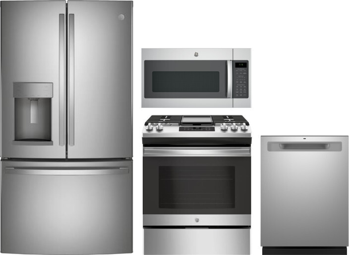 GE 4 Piece Kitchen Appliances Package with French Door Refrigerator, Gas Range, Dishwasher and Over the Range Microwave in Stainless Steel GERERADWMW1