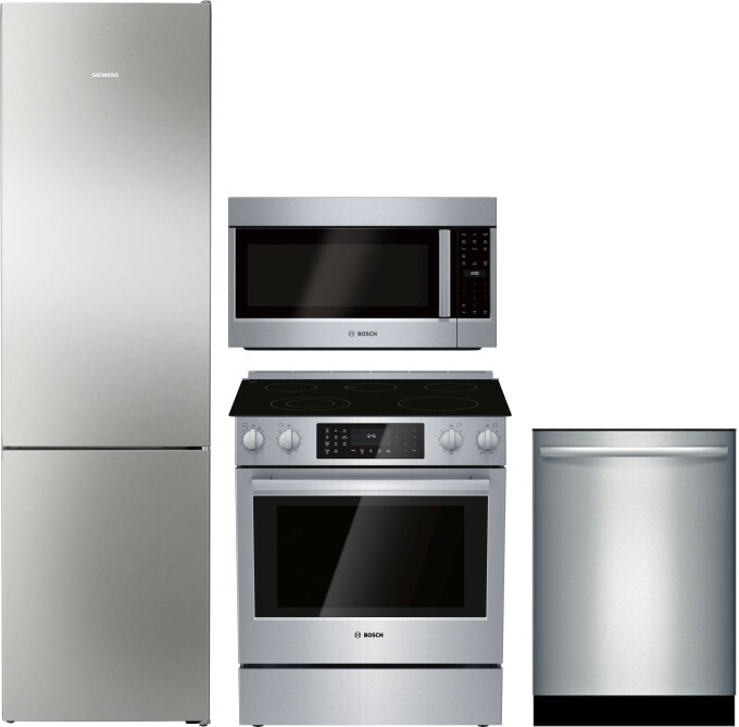 Bosch 500 4 Piece Kitchen Appliances Package with Bottom Freezer Refrigerator, Electric Range, Dishwasher and Over the Range Microwave in Stainless St