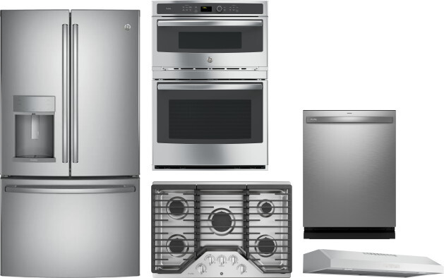 GE Profile 5 Piece Kitchen Appliances Package with French Door Refrigerator and Dishwasher in Stainless Steel GERECTWODWRH1067