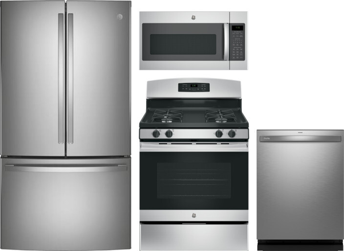 GE 4 Piece Kitchen Appliances Package with French Door Refrigerator, Gas Range, Dishwasher and Over the Range Microwave in Stainless Steel GERERADWMW1 -  GNE29GYNFS