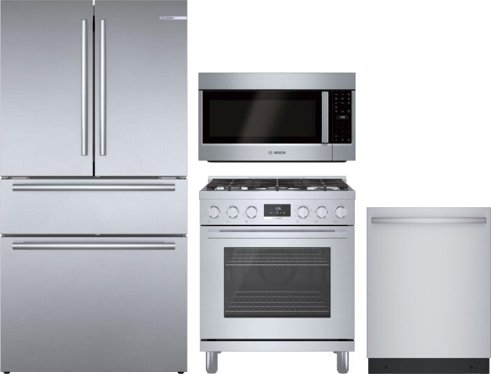 Bosch 4 Piece Kitchen Appliances Package with French Door Refrigerator, Dual Fuel Range, Dishwasher and Over the Range Microwave in Stainless Steel BO