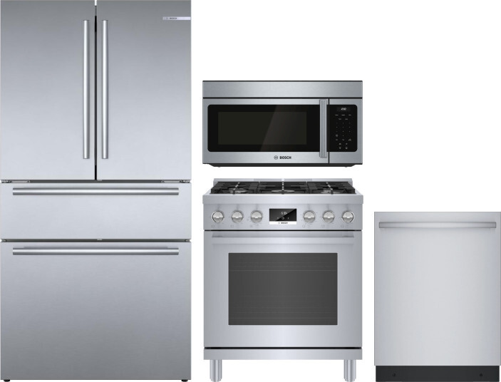 Bosch 4 Piece Kitchen Appliances Package with French Door Refrigerator, Gas Range, Dishwasher and Over the Range Microwave in Stainless Steel BORERADW