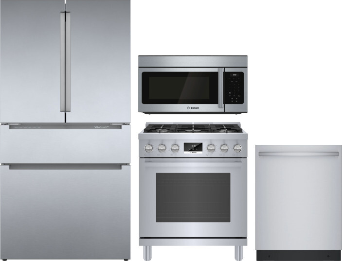 Bosch 4 Piece Kitchen Appliances Package with French Door Refrigerator, Gas Range, Dishwasher and Over the Range Microwave in Stainless Steel BORERADW