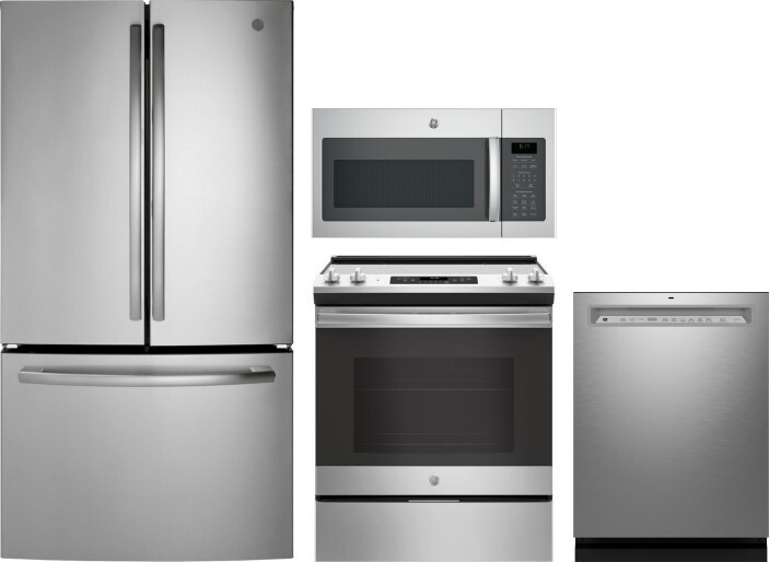 GE 4 Piece Kitchen Appliances Package with French Door Refrigerator, Electric Range, Dishwasher and Over the Range Microwave in Stainless Steel GERERA