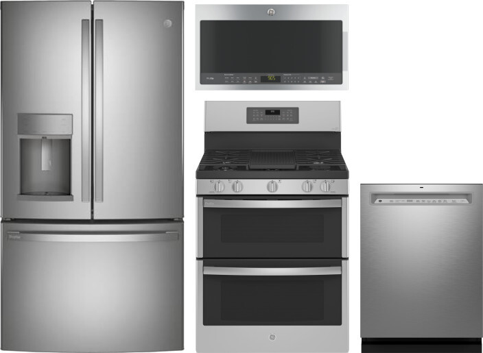 GE Profile 4 Piece Kitchen Appliances Package with French Door Refrigerator, Gas Range, Dishwasher and Over the Range Microwave in Stainless Steel GER