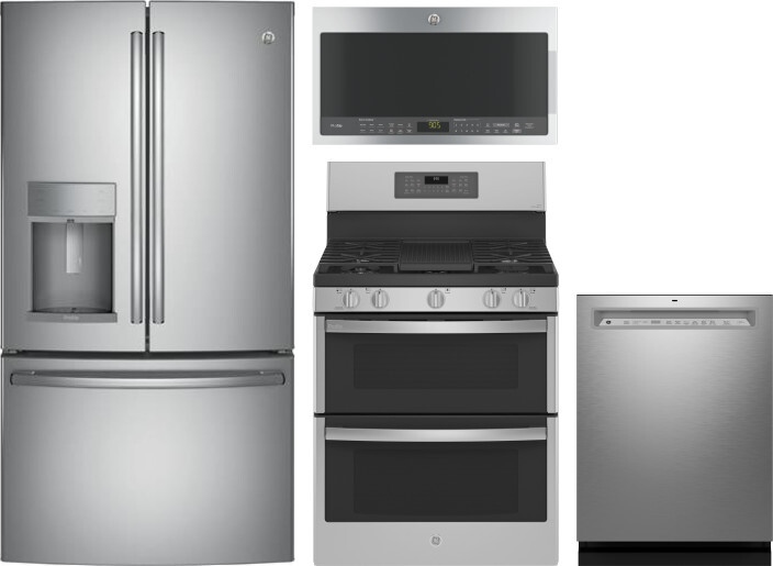 GE Profile 4 Piece Kitchen Appliances Package with French Door Refrigerator, Gas Range, Dishwasher and Over the Range Microwave in Stainless Steel GER