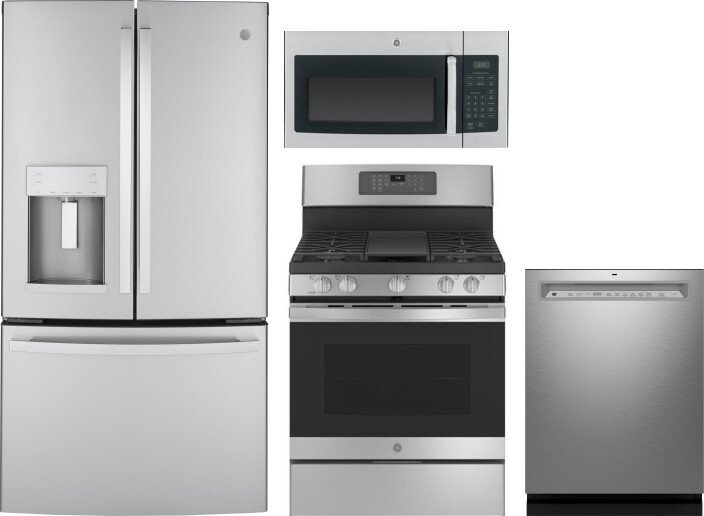 GE 4 Piece Kitchen Appliances Package with French Door Refrigerator, Gas Range, Dishwasher and Over the Range Microwave in Stainless Steel GERERADWMW1