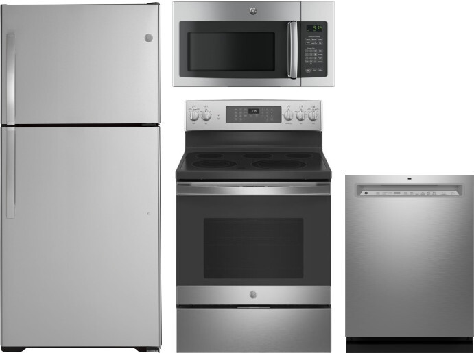 GE 4 Piece Kitchen Appliances Package with Top Freezer Refrigerator, Electric Range, Dishwasher and Over the Range Microwave in Stainless Steel GERERA -  GIE19JSNRSS