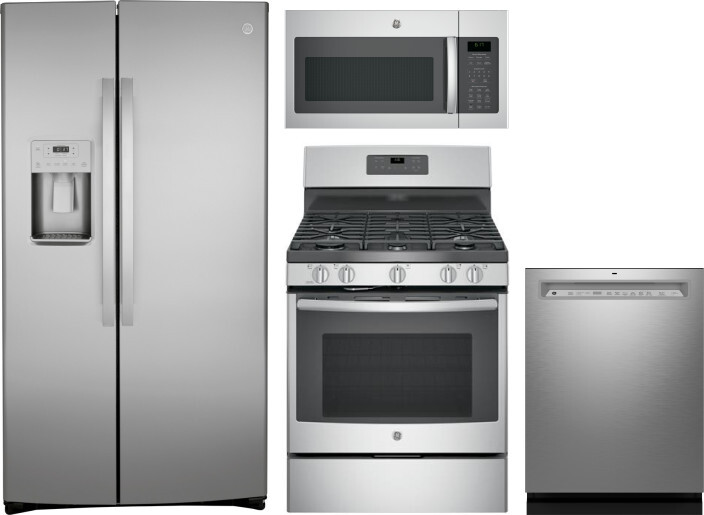 GE 4 Piece Kitchen Appliances Package with Side-by-Side Refrigerator, Gas Range, Dishwasher and Over the Range Microwave in Stainless Steel GERERADWMW