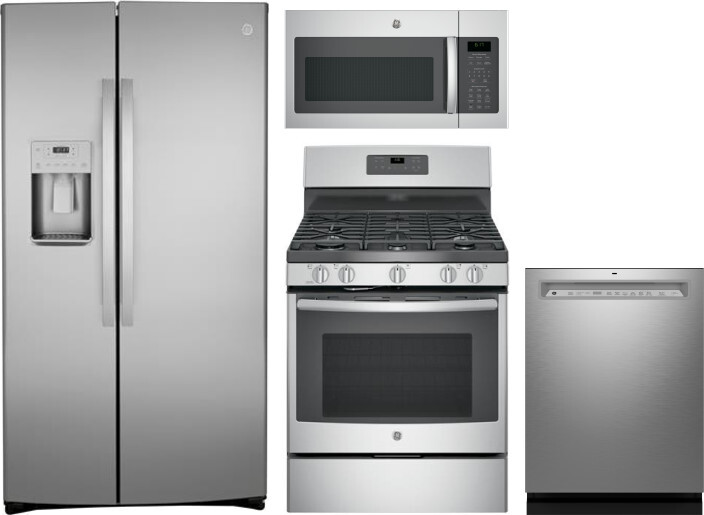 GE 4 Piece Kitchen Appliances Package with Side-by-Side Refrigerator, Gas Range, Dishwasher and Over the Range Microwave in Stainless Steel GERERADWMW