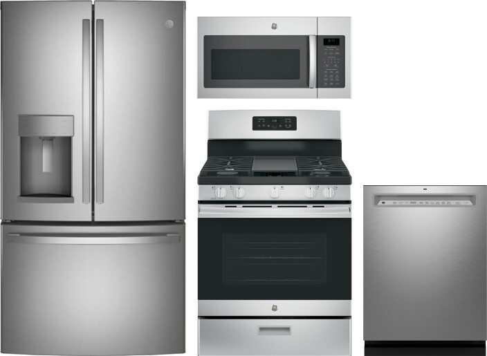 GE 4 Piece Kitchen Appliances Package with French Door Refrigerator, Gas Range, Dishwasher and Over the Range Microwave in Stainless Steel GERERADWMW1