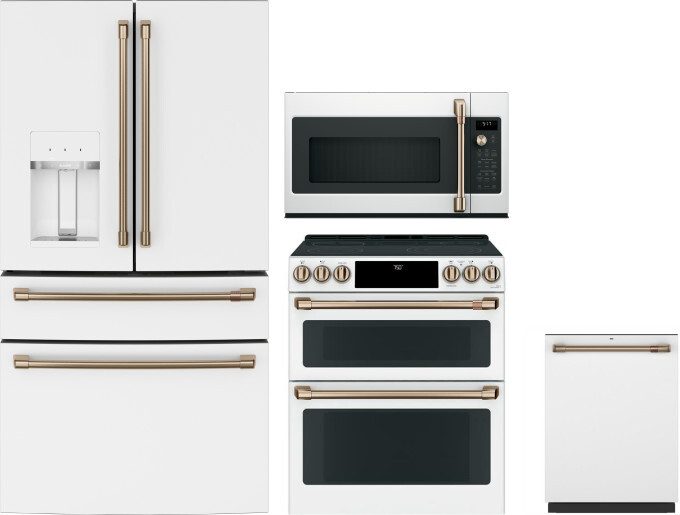 Cafe 4 Piece Kitchen Appliances Package with French Door Refrigerator, Electric Range, Dishwasher and Over the Range Microwave in Matte White CAFRERAD