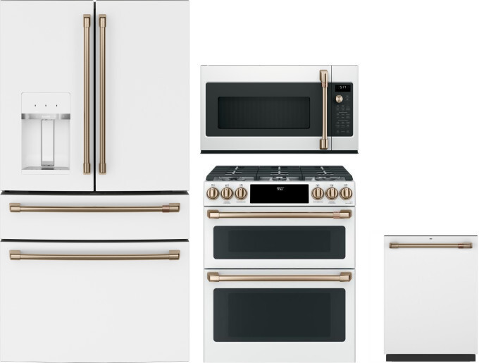 Cafe 4 Piece Kitchen Appliances Package with French Door Refrigerator, Dual Fuel Range, Dishwasher and Over the Range Microwave in Matte White CAFRERA
