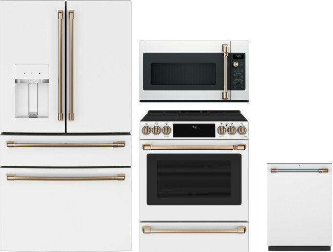 Cafe 4 Piece Kitchen Appliances Package with French Door Refrigerator, Induction Range, Dishwasher and Over the Range Microwave in Matte White CAFRERA