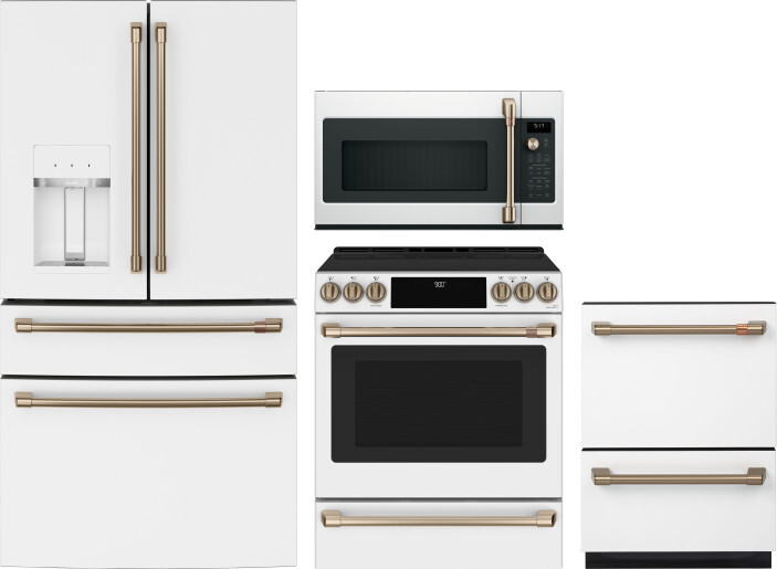 Cafe 4 Piece Kitchen Appliances Package with French Door Refrigerator, Induction Range, Dishwasher and Over the Range Microwave in Matte White CAFRERA