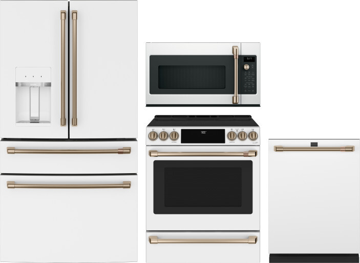 Cafe 4 Piece Kitchen Appliances Package with French Door Refrigerator, Induction Range, Dishwasher and Over the Range Microwave in Matte White CAFRERA
