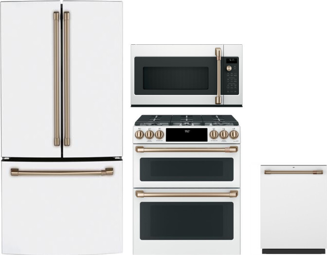 Cafe 4 Piece Kitchen Appliances Package with French Door Refrigerator, Dual Fuel Range, Dishwasher and Over the Range Microwave in Matte White CAFRERA