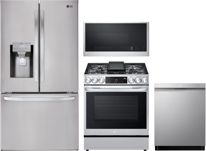 LG 4 Piece Kitchen Appliances Package with French Door Refrigerator, Gas Range, Dishwasher and Over the Range Microwave in Stainless Steel LGRERADWMW2