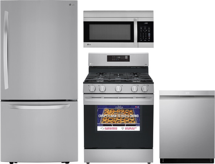 LG 4 Piece Kitchen Appliances Package with Bottom Freezer Refrigerator, Gas Range, Dishwasher and Over the Range Microwave in Stainless Steel LGRERADW