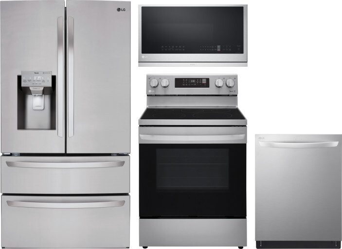 LG 4 Piece Kitchen Appliances Package with French Door Refrigerator, Electric Range, Dishwasher and Over the Range Microwave in Stainless Steel LGRERA