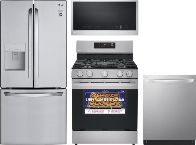 LG 4 Piece Kitchen Appliances Package with French Door Refrigerator, Gas Range, Dishwasher and Over the Range Microwave in Stainless Steel LGRERADWMW2