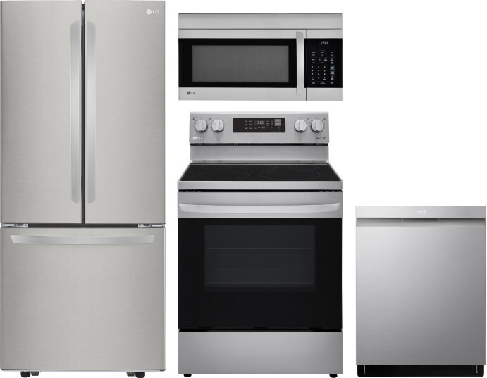 LG 4 Piece Kitchen Appliances Package with French Door Refrigerator, Electric Range, Dishwasher and Over the Range Microwave in Stainless Steel LGRERA
