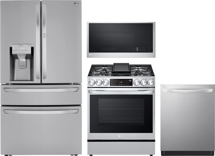 LG 4 Piece Kitchen Appliances Package with French Door Refrigerator, Gas Range, Dishwasher and Over the Range Microwave in Stainless Steel LGRERADWMW2