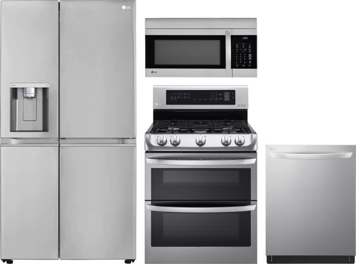 LG 4 Piece Kitchen Appliances Package with Side-by-Side Refrigerator, Gas Range, Dishwasher and Over the Range Microwave in Stainless Steel LGRERADWMW