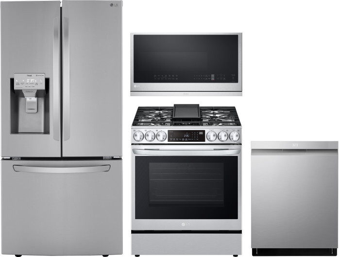 LG 4 Piece Kitchen Appliances Package with French Door Refrigerator, Gas Range, Dishwasher and Over the Range Microwave in Stainless Steel LGRERADWMW2