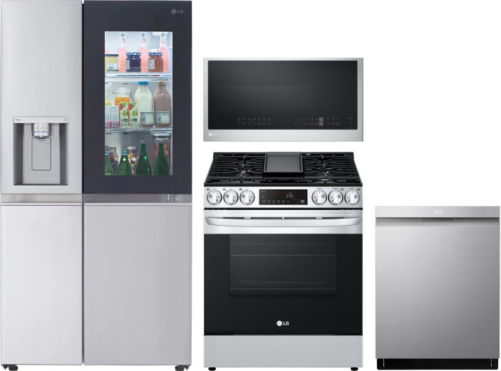 LG 4 Piece Kitchen Appliances Package with Side-by-Side Refrigerator, Gas Range, Dishwasher and Over the Range Microwave in Stainless Steel LGRERADWMW