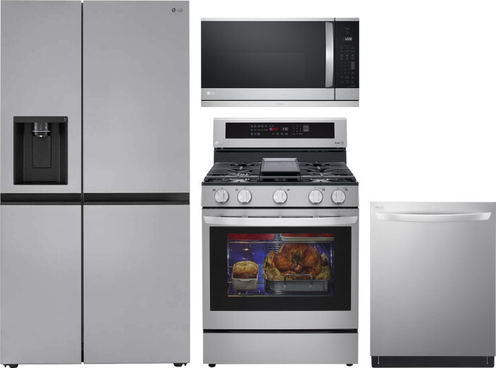 LG 4 Piece Kitchen Appliances Package with Side-by-Side Refrigerator, Gas Range, Dishwasher and Over the Range Microwave in Stainless Steel LGRERADWMW