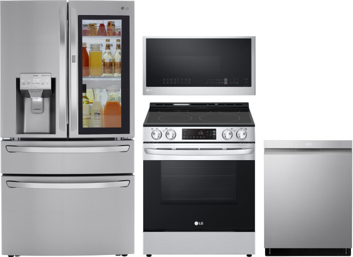 LG 4 Piece Kitchen Appliances Package with French Door Refrigerator, Electric Range, Dishwasher and Over the Range Microwave in Stainless Steel LGRERA