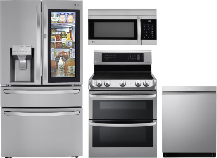 LG 4 Piece Kitchen Appliances Package with French Door Refrigerator, Electric Range, Dishwasher and Over the Range Microwave in Stainless Steel LGRERA