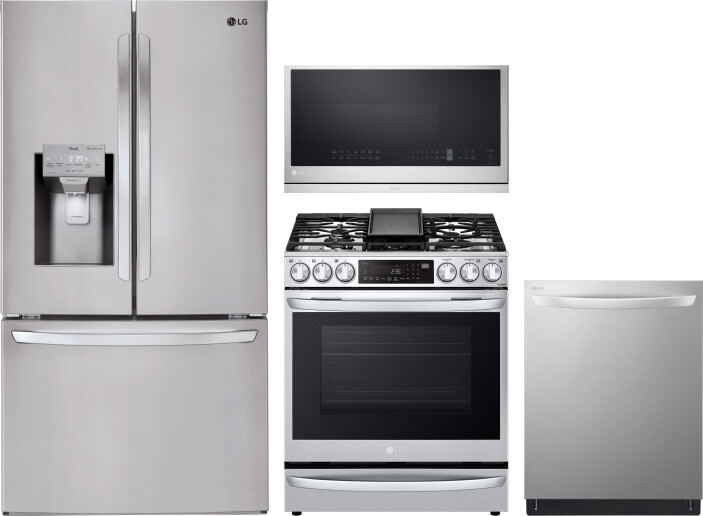 LG 4 Piece Kitchen Appliances Package with French Door Refrigerator, Gas Range, Dishwasher and Over the Range Microwave in Stainless Steel LGRERADWMW2