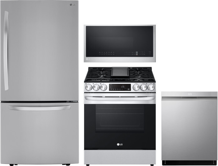 LG 4 Piece Kitchen Appliances Package with Bottom Freezer Refrigerator, Gas Range, Dishwasher and Over the Range Microwave in Stainless Steel LGRERADW