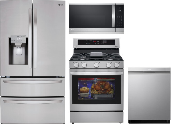LG 4 Piece Kitchen Appliances Package with French Door Refrigerator, Gas Range, Dishwasher and Over the Range Microwave in Stainless Steel LGRERADWMW2