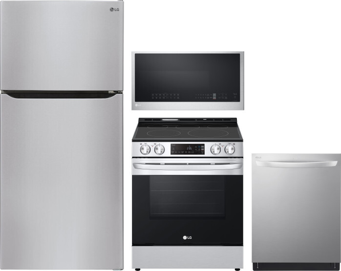LG 4 Piece Kitchen Appliances Package with Top Freezer Refrigerator, Electric Range, Dishwasher and Over the Range Microwave in Stainless Steel LGRERA