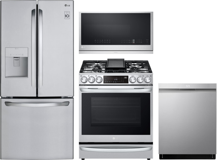 LG 4 Piece Kitchen Appliances Package with French Door Refrigerator, Gas Range, Dishwasher and Over the Range Microwave in Stainless Steel LGRERADWMW2