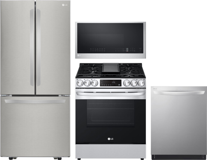 LG 4 Piece Kitchen Appliances Package with French Door Refrigerator, Gas Range, Dishwasher and Over the Range Microwave in Stainless Steel LGRERADWMW2