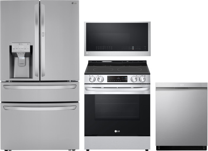 LG 4 Piece Kitchen Appliances Package with French Door Refrigerator, Electric Range, Dishwasher and Over the Range Microwave in Stainless Steel LGRERA