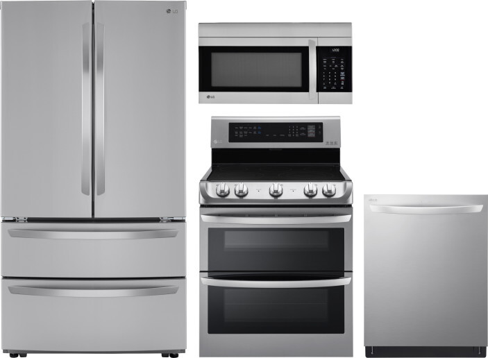 LG 4 Piece Kitchen Appliances Package with French Door Refrigerator, Electric Range, Dishwasher and Over the Range Microwave in Stainless Steel LGRERA