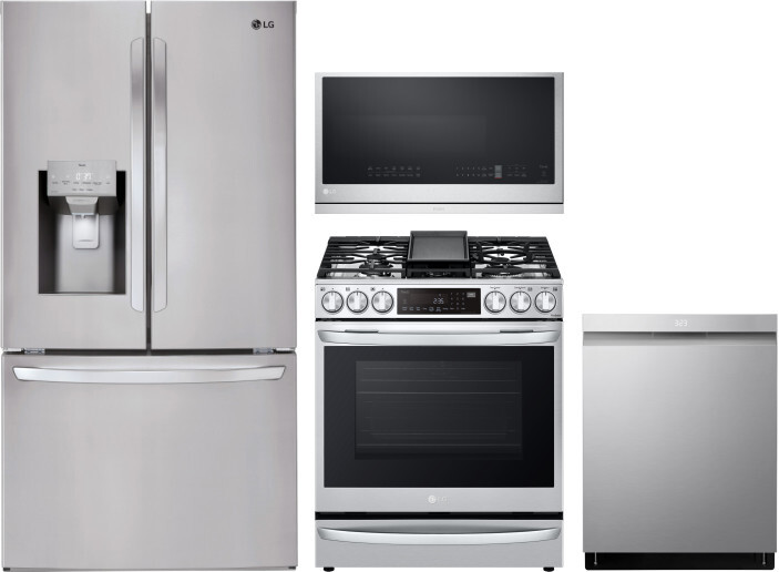 LG 4 Piece Kitchen Appliances Package with French Door Refrigerator, Gas Range, Dishwasher and Over the Range Microwave in Stainless Steel LGRERADWMW2