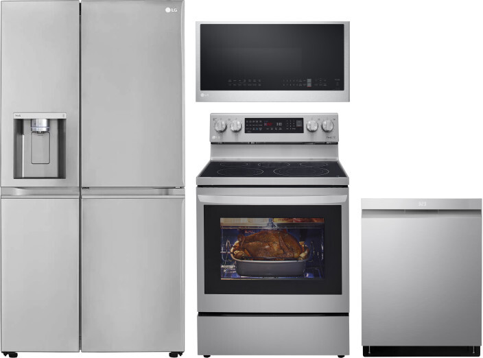 LG 4 Piece Kitchen Appliances Package with Side-by-Side Refrigerator, Electric Range, Dishwasher and Over the Range Microwave in Stainless Steel LGRER
