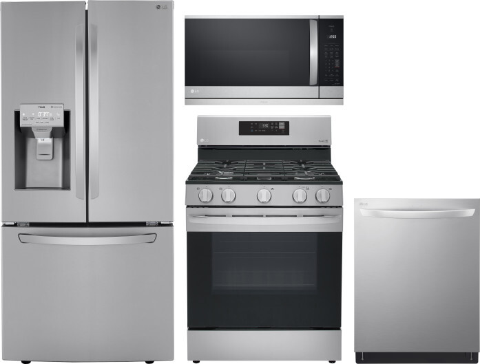 LG 4 Piece Kitchen Appliances Package with French Door Refrigerator, Gas Range, Dishwasher and Over the Range Microwave in Stainless Steel LGRERADWMW2