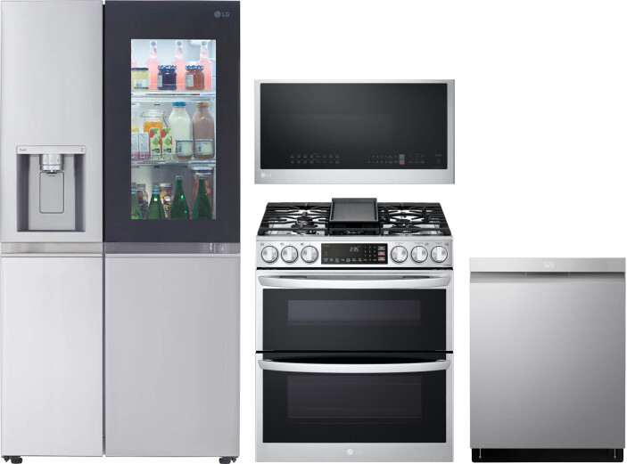 LG 4 Piece Kitchen Appliances Package with Side-by-Side Refrigerator, Gas Range, Dishwasher and Over the Range Microwave in Stainless Steel LGRERADWMW